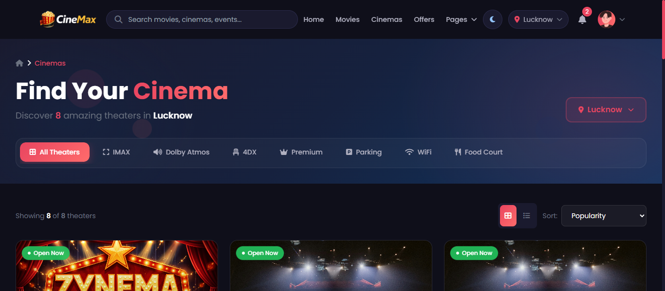 Theater Selection Interface - Real-time Theater Feature